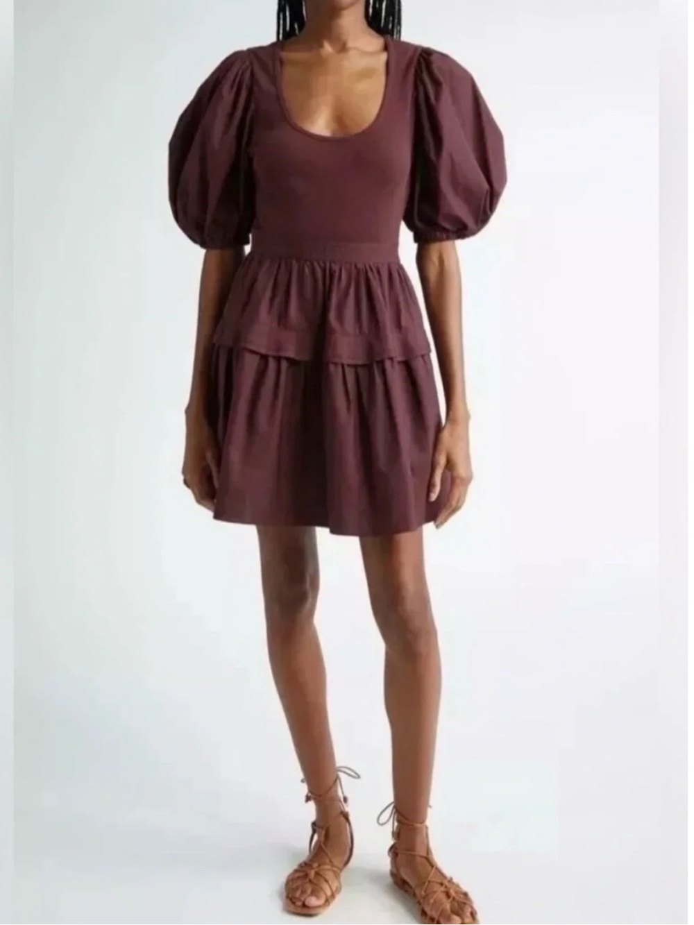 Ulla Johnson Chocolate Puff-Sleeve Tiered Mini Dress